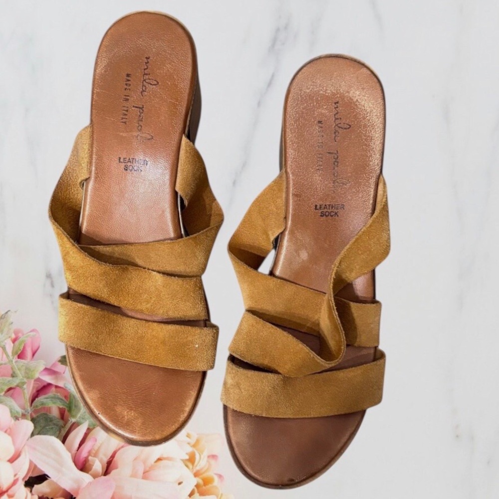 Mila Paoli Nude Suede Block Heel Slip-on Sandals Strapy Sandals